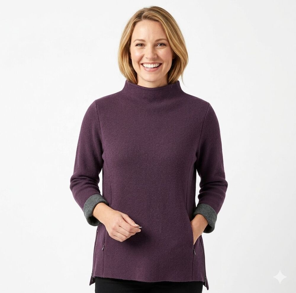 Tahari Side-Zip Mock Neck Sweater Size L Plum Purple Grey Cuffs 3/4 Sleeve EUC